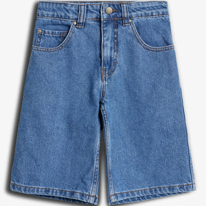 Blue denim shorts with button closure and belt loops, featuring front and back pockets, displayed against a plain, light gray background.