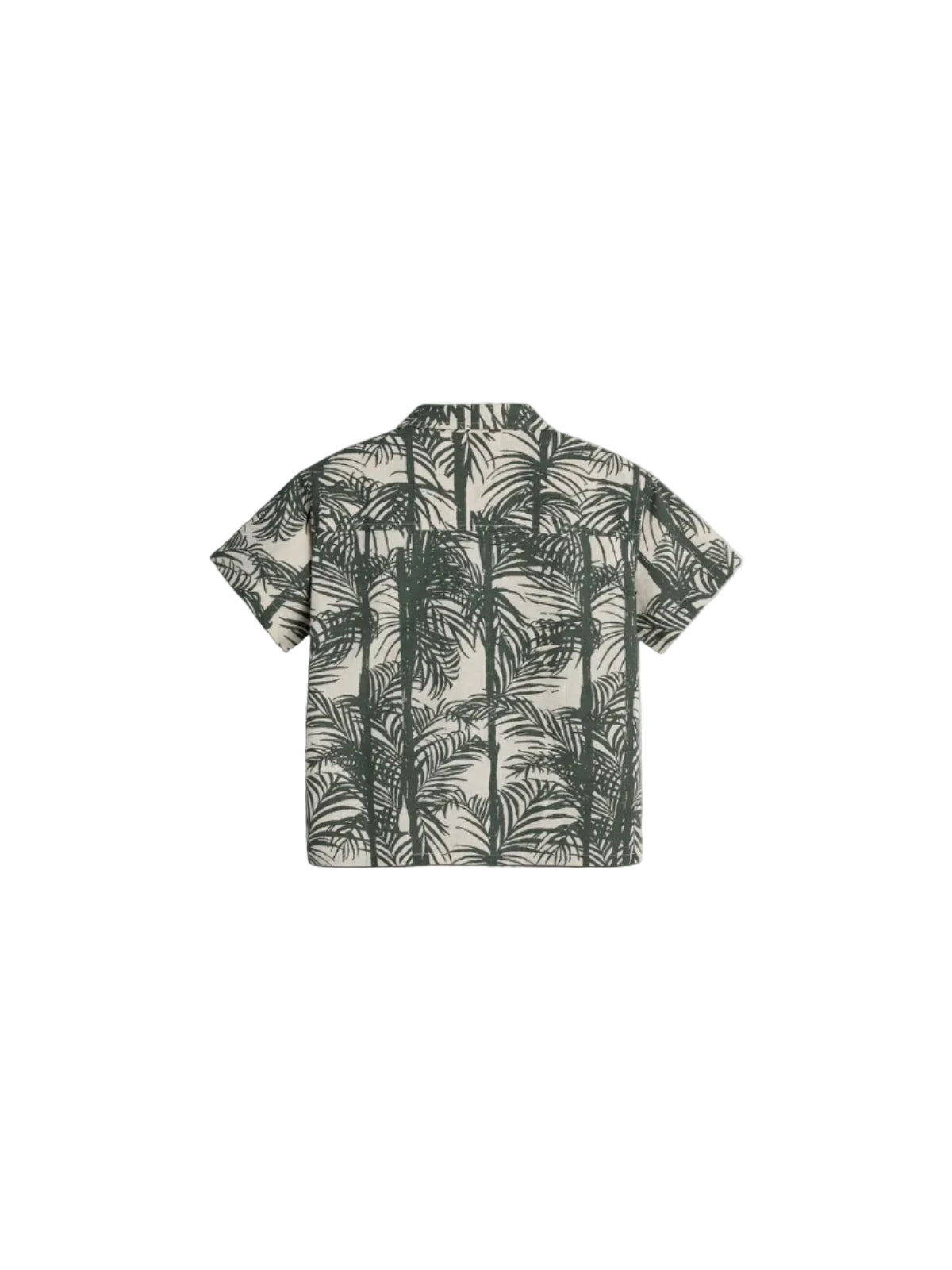 Shirt displaying a pattern of green palm trees and leaves, viewed from the back, with short sleeves and a light background. No additional surrounding elements or text.