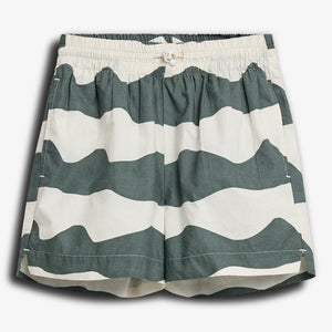 Green and white striped shorts with an elastic waistband, featuring a button and drawstring. The shorts are displayed against a plain white background, emphasizing their casual style.