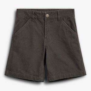 Dark gray shorts lie flat, featuring two front pockets and a button closure, set against a plain white background.