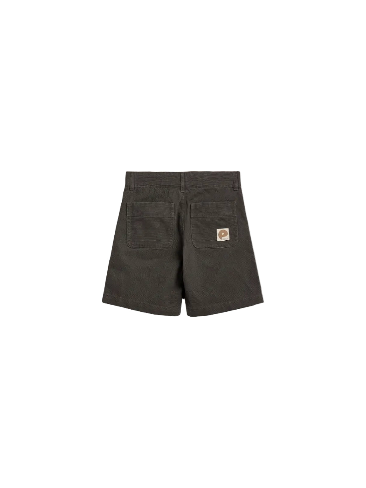 Dark brown shorts are displayed flat, viewed from the back, with visible belt loops and two rear pockets. A small beige label with the text "POTMEETPOP" is on the right pocket.