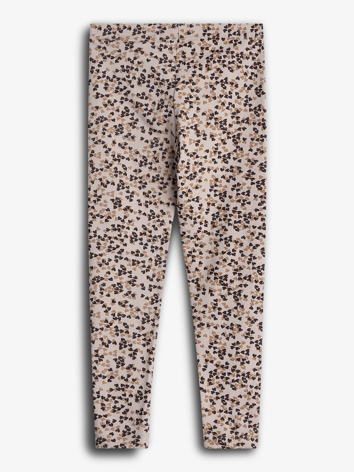 Een legging met een patroon van kleine, donkergekleurde bloemen tegen een lichtbeige achtergrond. Geplaatst op een witte, effen ondergrond.