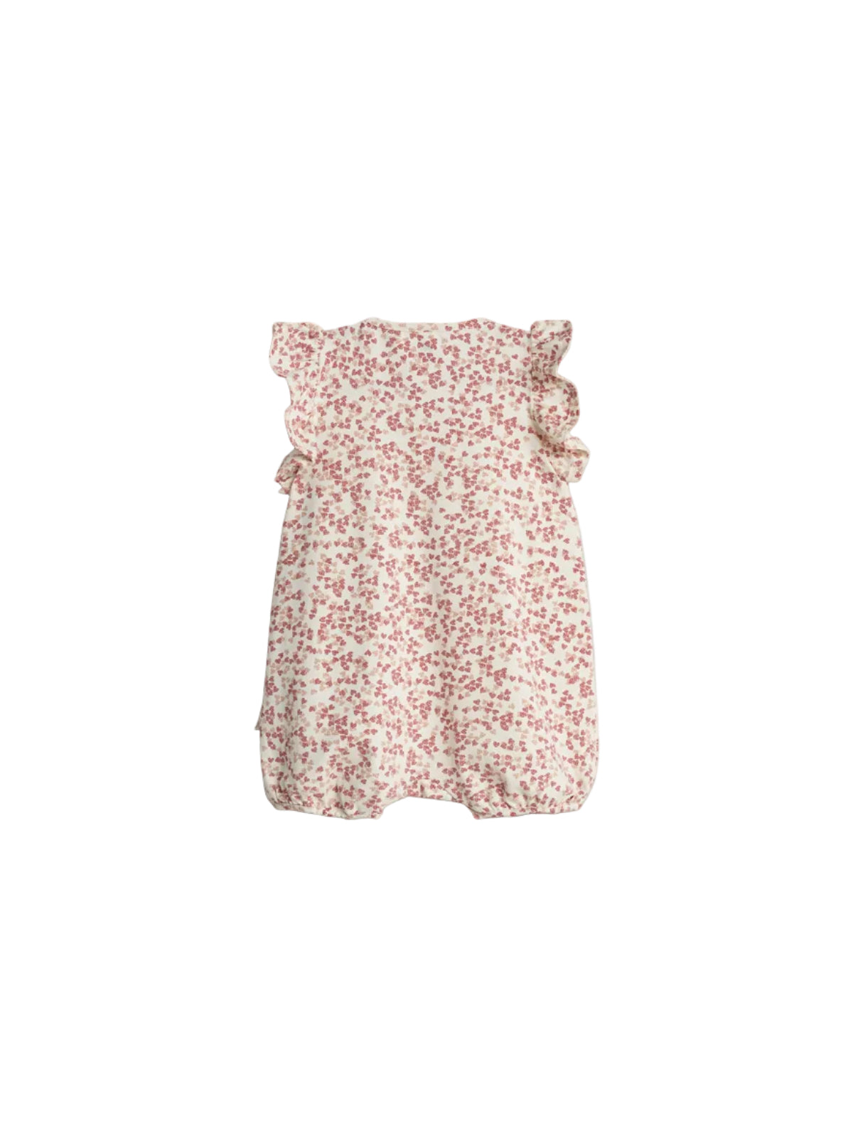 A baby romper featuring a floral pattern in red and beige on a white background, adorned with ruffled sleeves. It is laid flat against a plain backdrop.