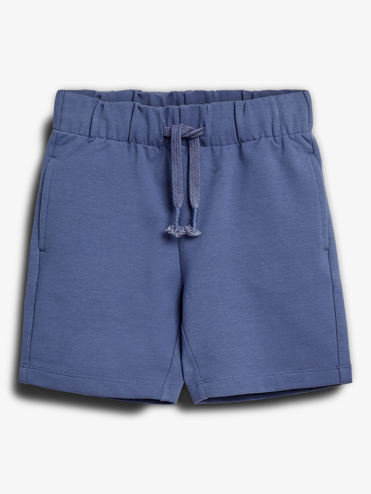 Blue elastic-waist shorts with drawstring, displayed flat on a plain light gray background, showcasing casual style and front pockets for a relaxed, comfortable look.
