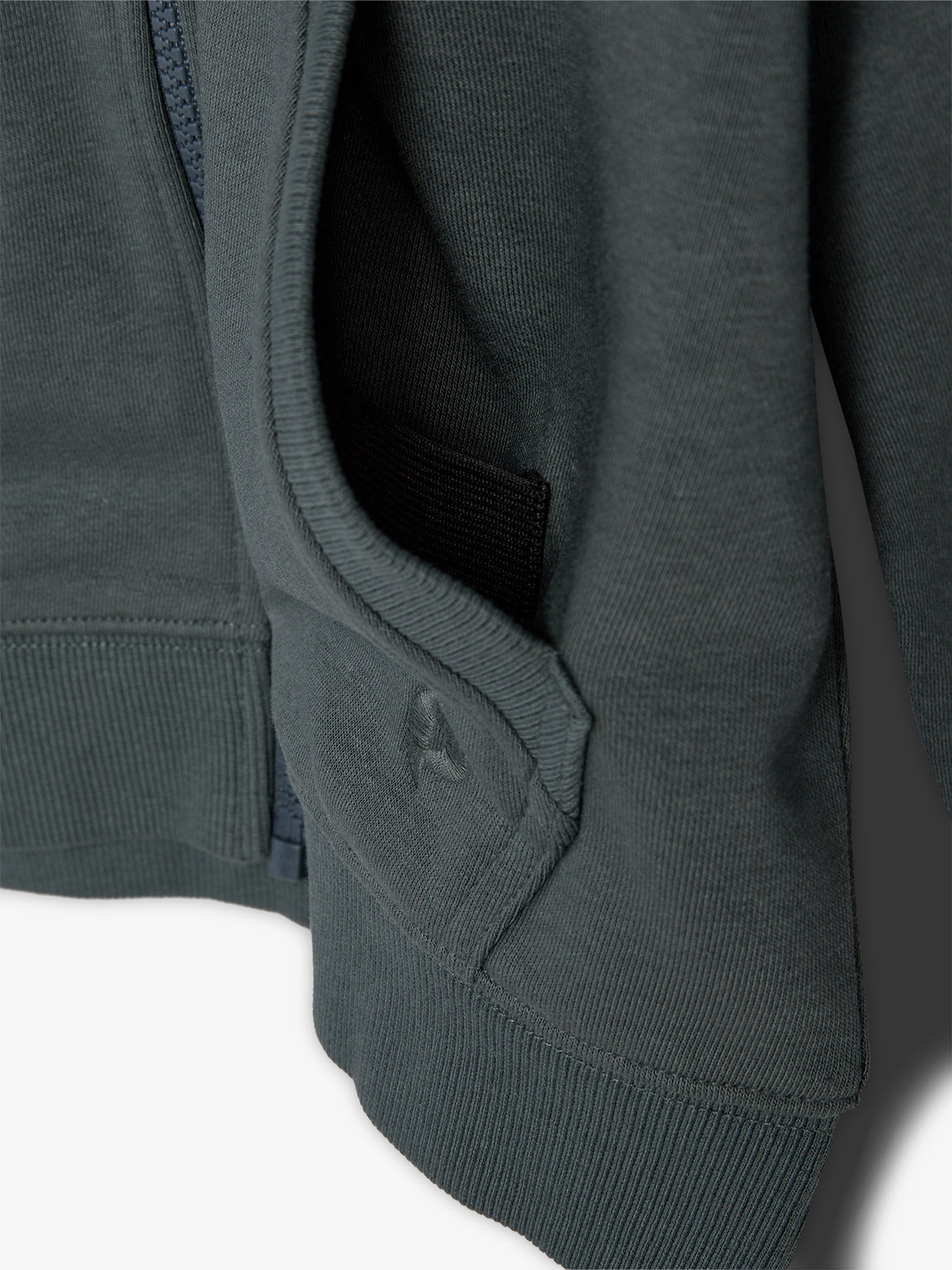 A dark green zippered jacket with a visible pocket is slightly open, displaying a textured fabric. The focus is on the sleeve and pocket area with ribbed hems.