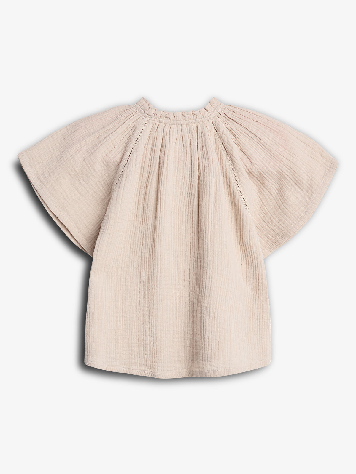Blouse with gathered neckline and wide short sleeves, displayed against a plain white background, highlighting its textured fabric and loose fit.