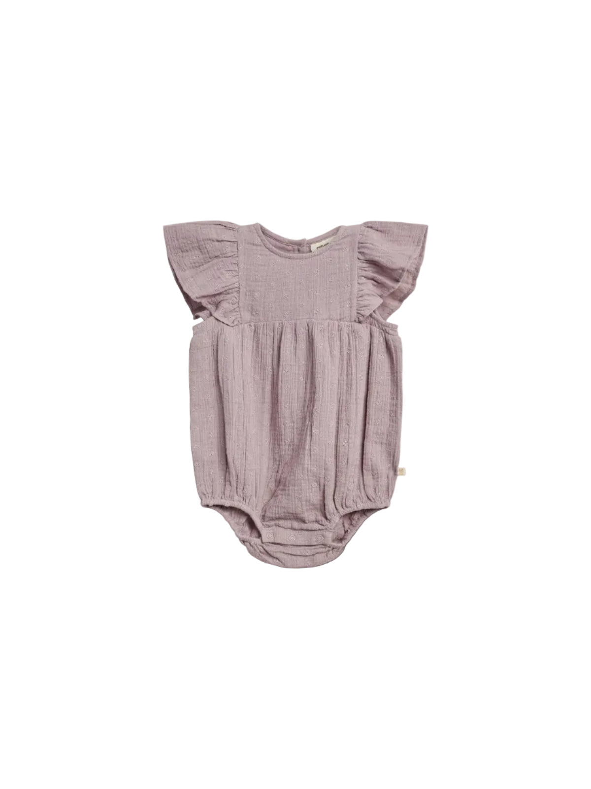 Baby romper with flutter sleeves, featuring a textured, light purple fabric with small embroidered patterns. It's displayed against a plain white background, showcasing its intricate design.