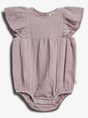 Baby romper with flutter sleeves, featuring a textured, light purple fabric with small embroidered patterns. It's displayed against a plain white background, showcasing its intricate design.