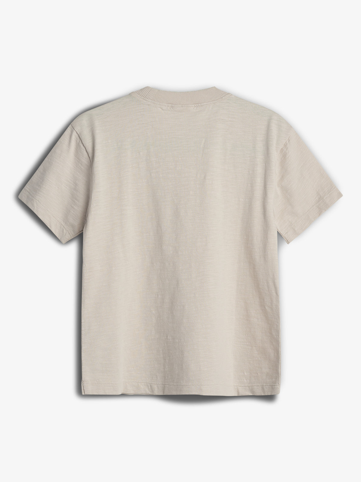 A plain, light beige T-shirt with short sleeves is laid flat against a white background, focusing on its simple design and texture without any visible text or graphics.