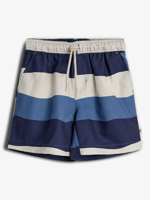 Shorts with horizontal navy and beige stripes, featuring an elastic waistband with drawstring, positioned against a plain white background.
