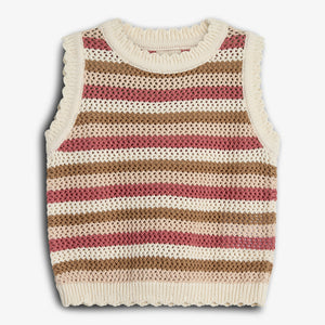 A knitted sleeveless vest displays horizontal stripes in cream, brown, and pink. It lies flat against a plain white background.