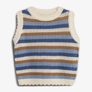 Sleeveless, knitted vest features horizontal stripes in beige, brown, and blue. The texture is open-weave, with ribbed edges at the neck, armholes, and hem, set against a plain background.