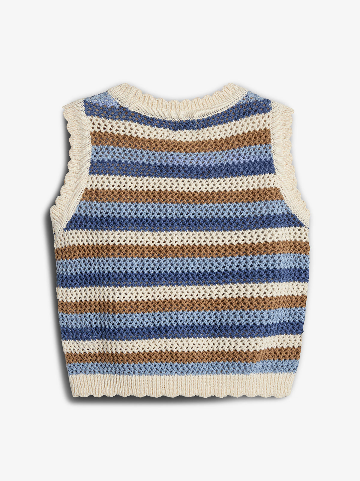 A knitted, sleeveless sweater vest displays alternating horizontal stripes in blue, brown, and cream colors, lying flat against a plain white background.