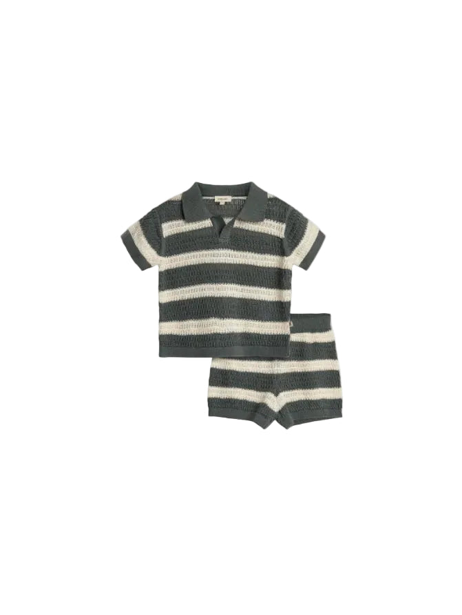 A knitted outfit features a short-sleeved collared shirt and shorts with green and white stripes. The label inside the shirt reads "pamelacute." Both pieces have a textured, open-knit design.