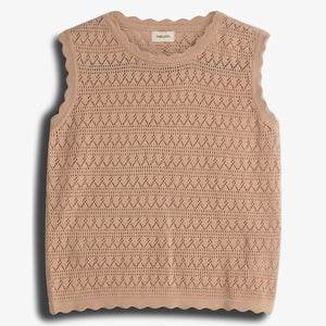 Sleeveless beige knit top featuring intricate openwork patterns and scalloped edges. Positioned against a plain white background, the label reads "Molli Paris" at the neckline.