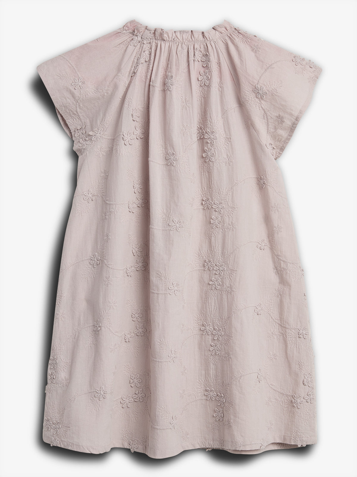 Pink, floral-embroidered dress hangs with short sleeves and a gathered neckline, displayed against a plain white background.