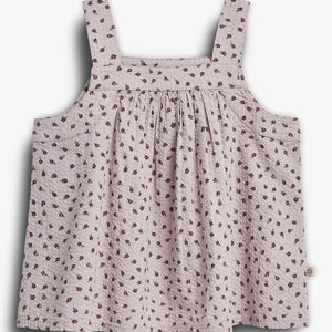 Sleeveless floral-printed pink top with gathered fabric, featuring wide shoulder straps. The lightweight material has a textured appearance, creating a soft, flowing effect. It's displayed against a plain white background.