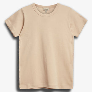 Beige T-shirt displayed flat; the shirt is short-sleeved with a round neck. Context is a plain white background. Text on the label: "mini merle, USA 140".