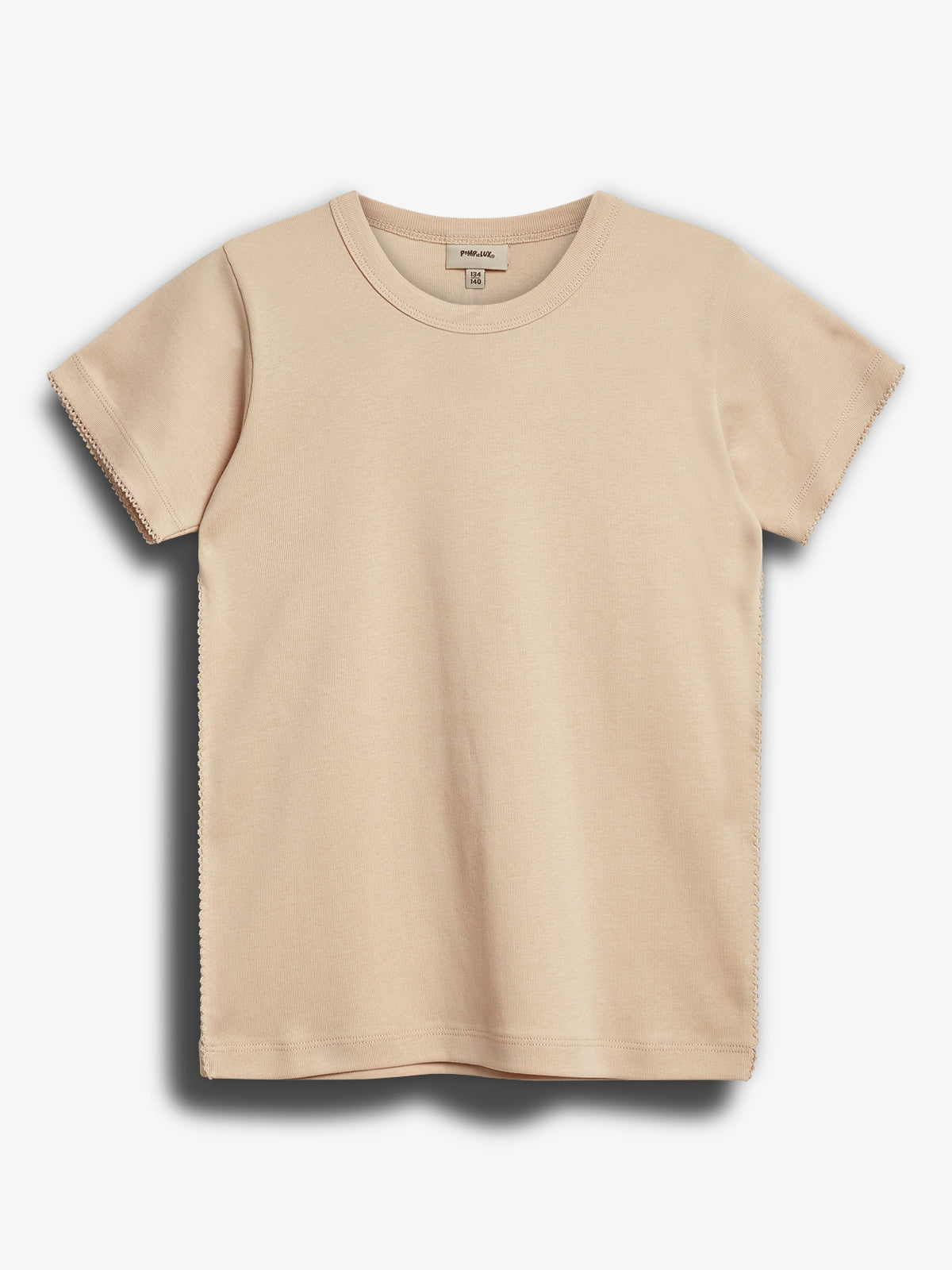 Beige T-shirt displayed flat; the shirt is short-sleeved with a round neck. Context is a plain white background. Text on the label: "mini merle, USA 140".