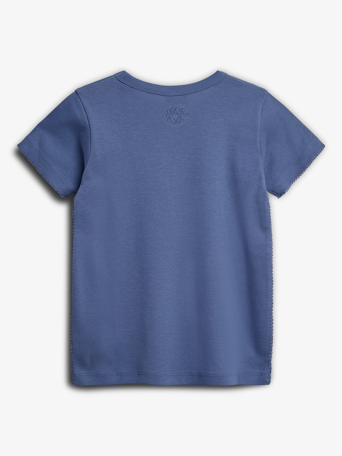 Blue short-sleeve t-shirt displayed flat, featuring a subtle, embossed logo near the neckline. The background is plain white, emphasizing the garment's simplicity and design.