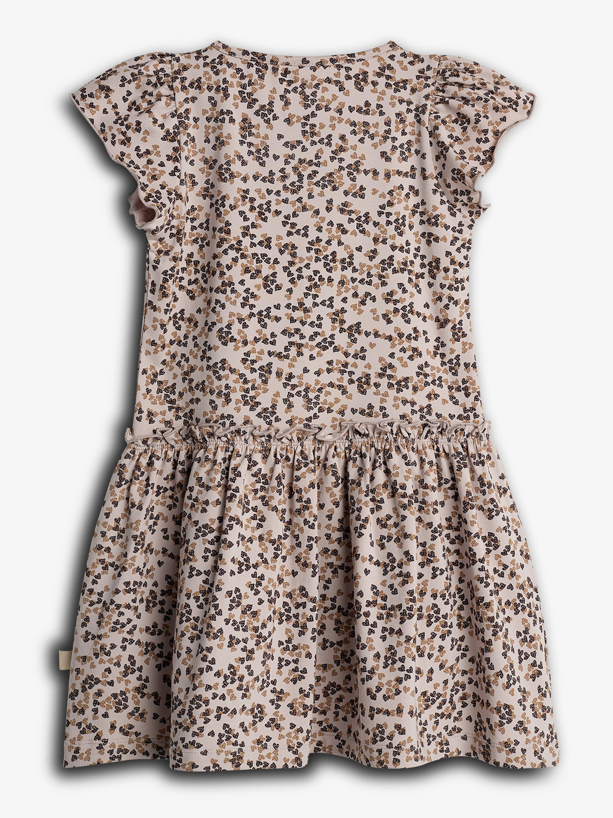 A short-sleeved, floral-patterned children's dress with ruffled sleeves. The beige fabric is adorned with small brown and black flowers, and it is laid flat against a white background.