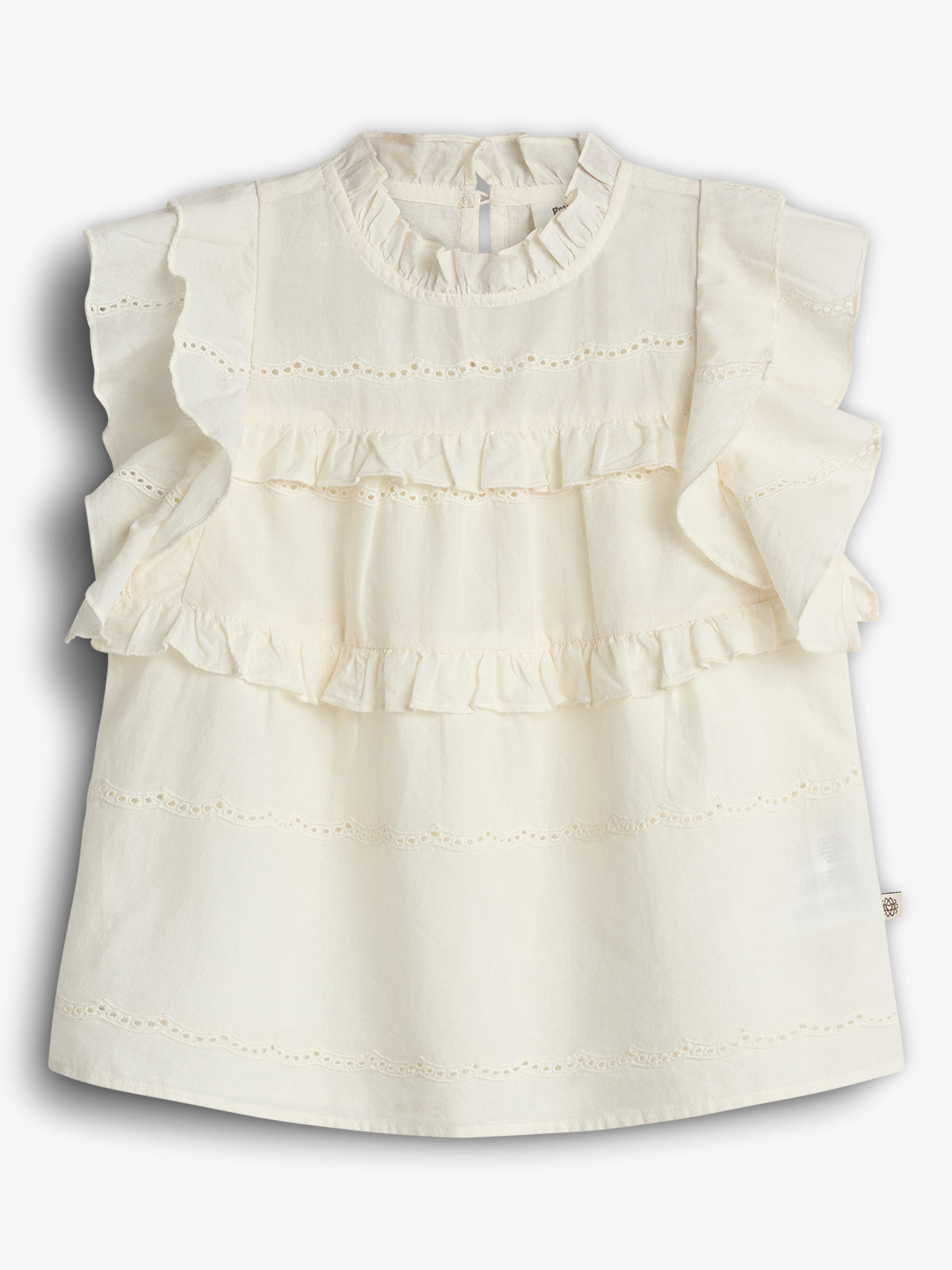 A sleeveless off white blouse with frill details at the body and collar, featuring a broderie anglaise pattern.