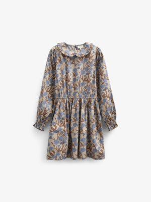 Bedrukte katoenen popeline jurk met elastiek in de taille - Tween - Blue / Brown | 100719 Amy