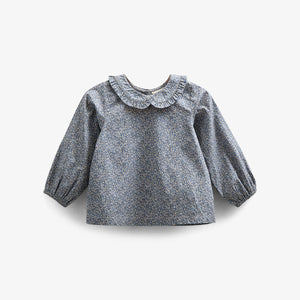 Bedrukte katoenen popeline blouse met kraag - Kids - Blue | 100798 Allie