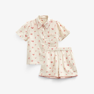 Bedrukte gaze shirt en korte broek set - Tween - Offwhite/Cherry Red | 100973 Fiona