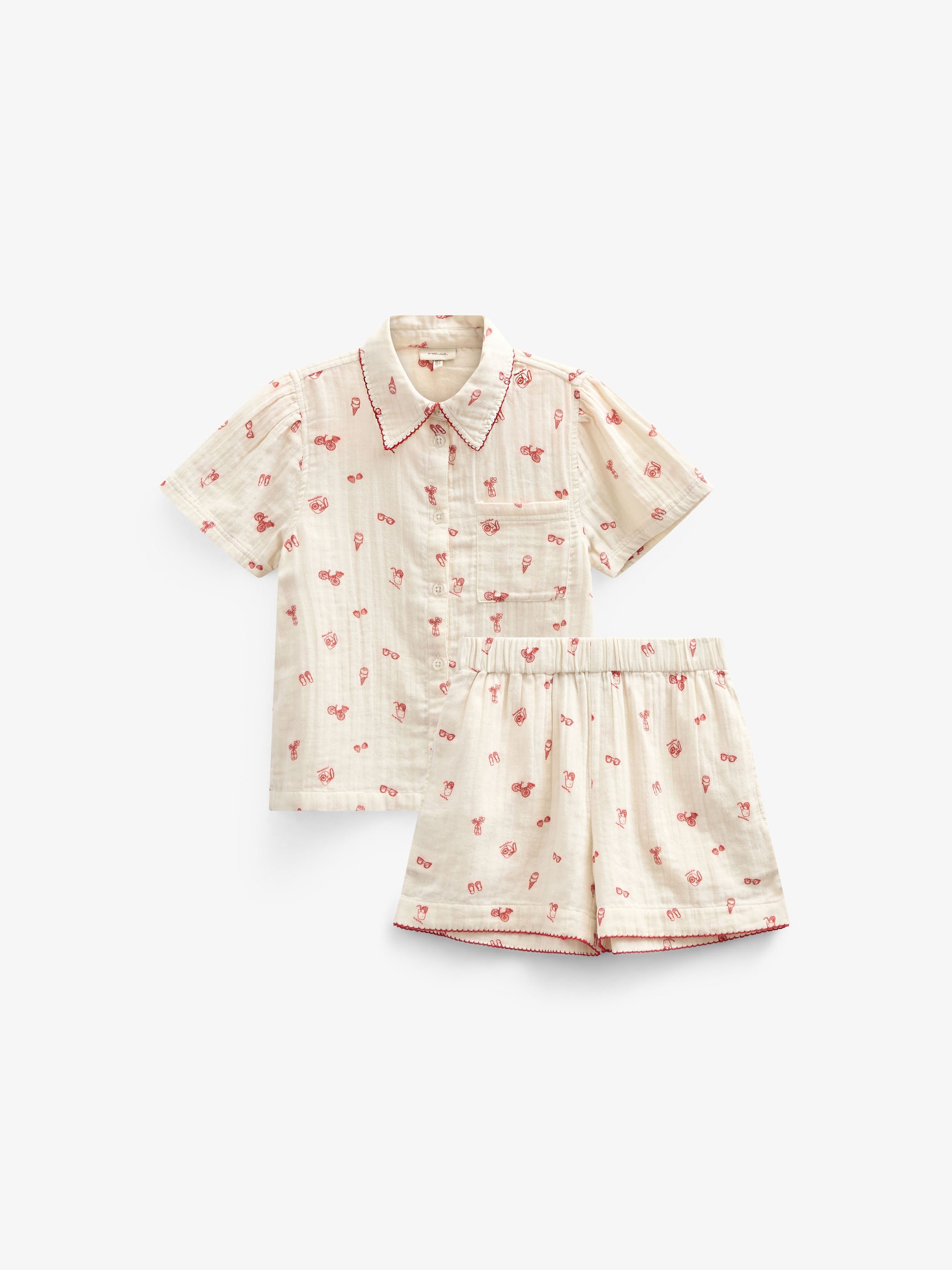 Bedrukte gaze shirt en korte broek set - Tween - Offwhite/Cherry Red | 100973 Fiona