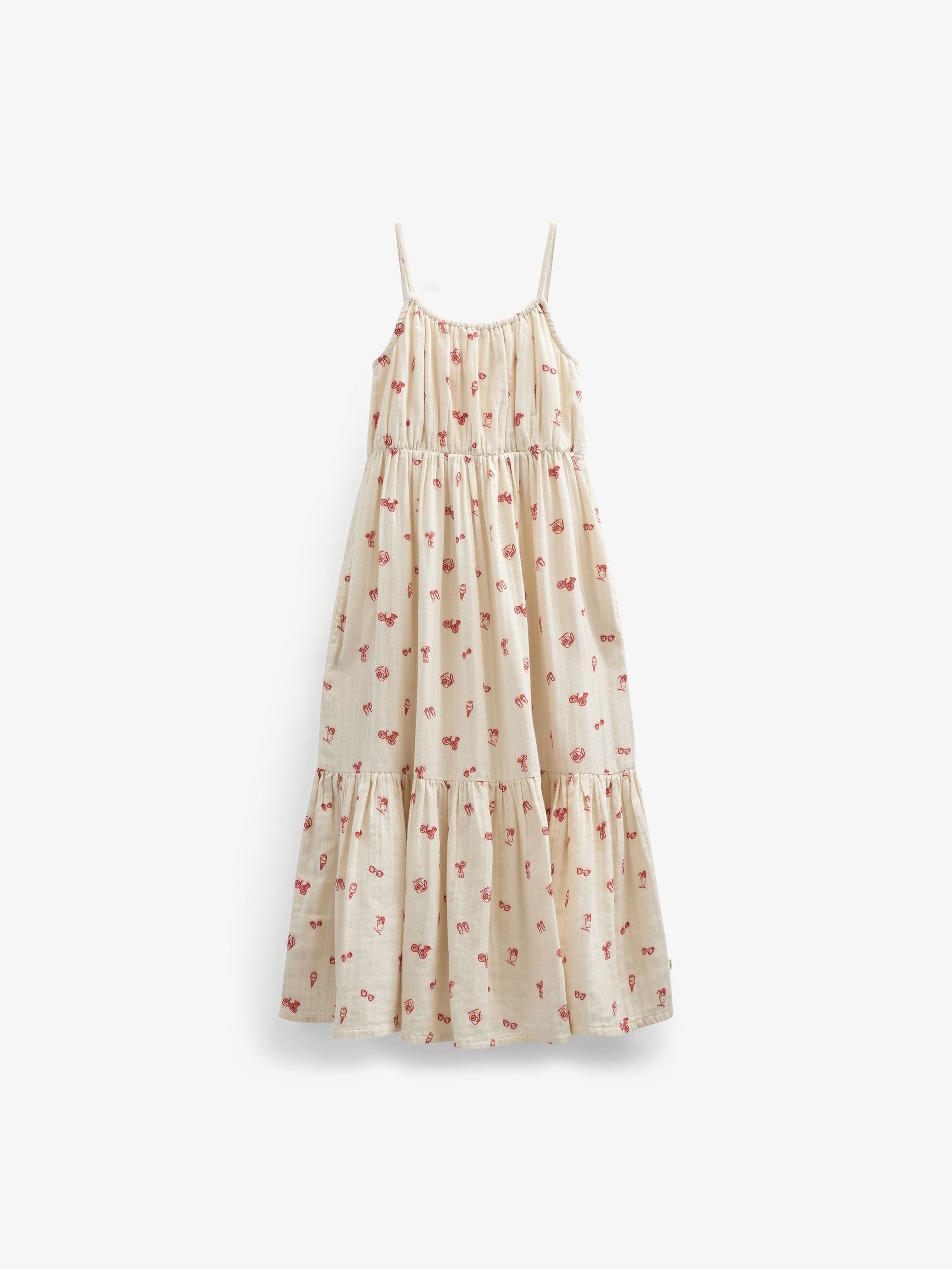 Bedrukte gaas midi bandjesjurk - Tween - Offwhite/Cherry Red | 100974 Fiona