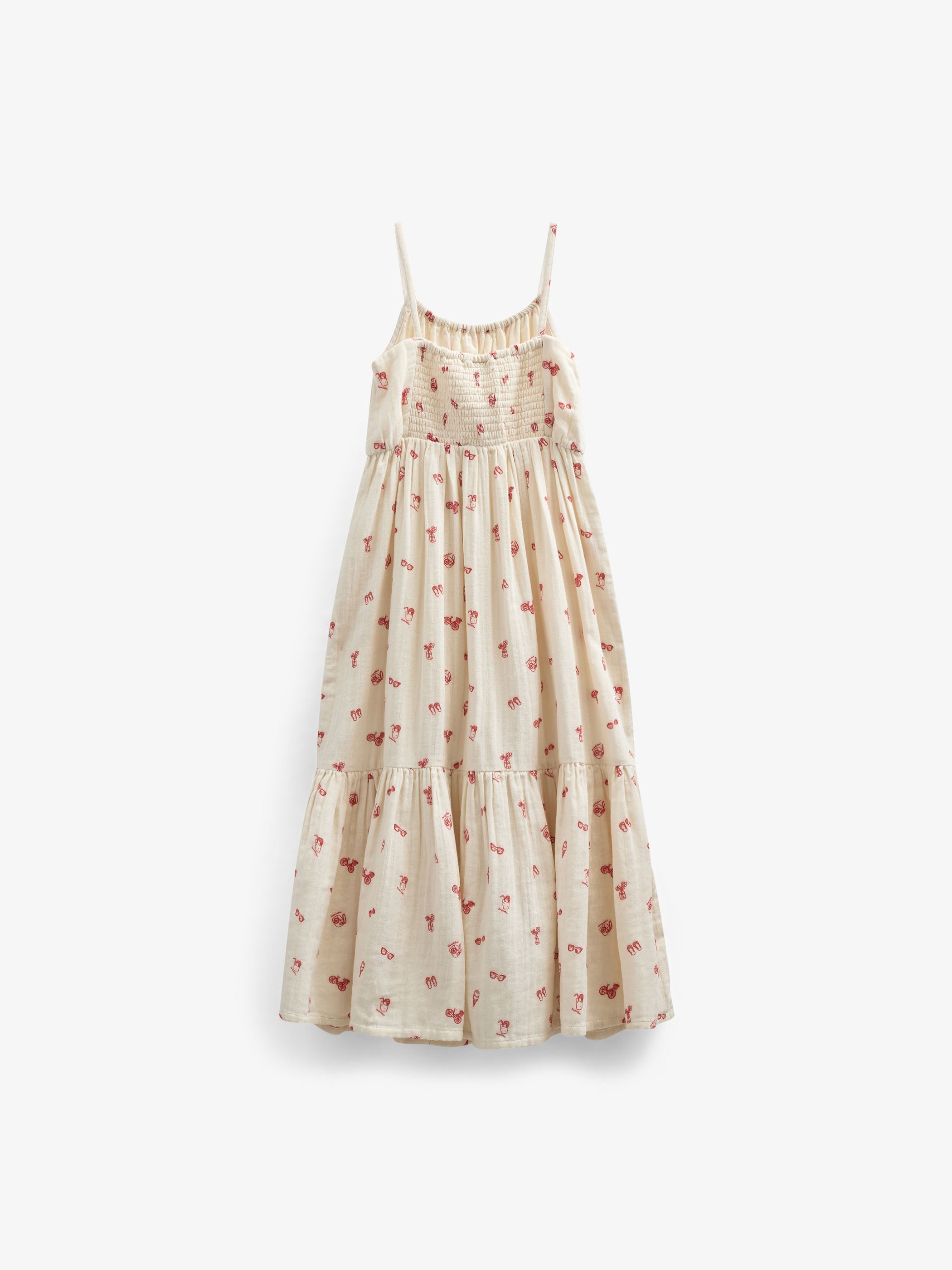 Bedrukte gaas midi bandjesjurk - Tween - Offwhite/Cherry Red | 100974 Fiona