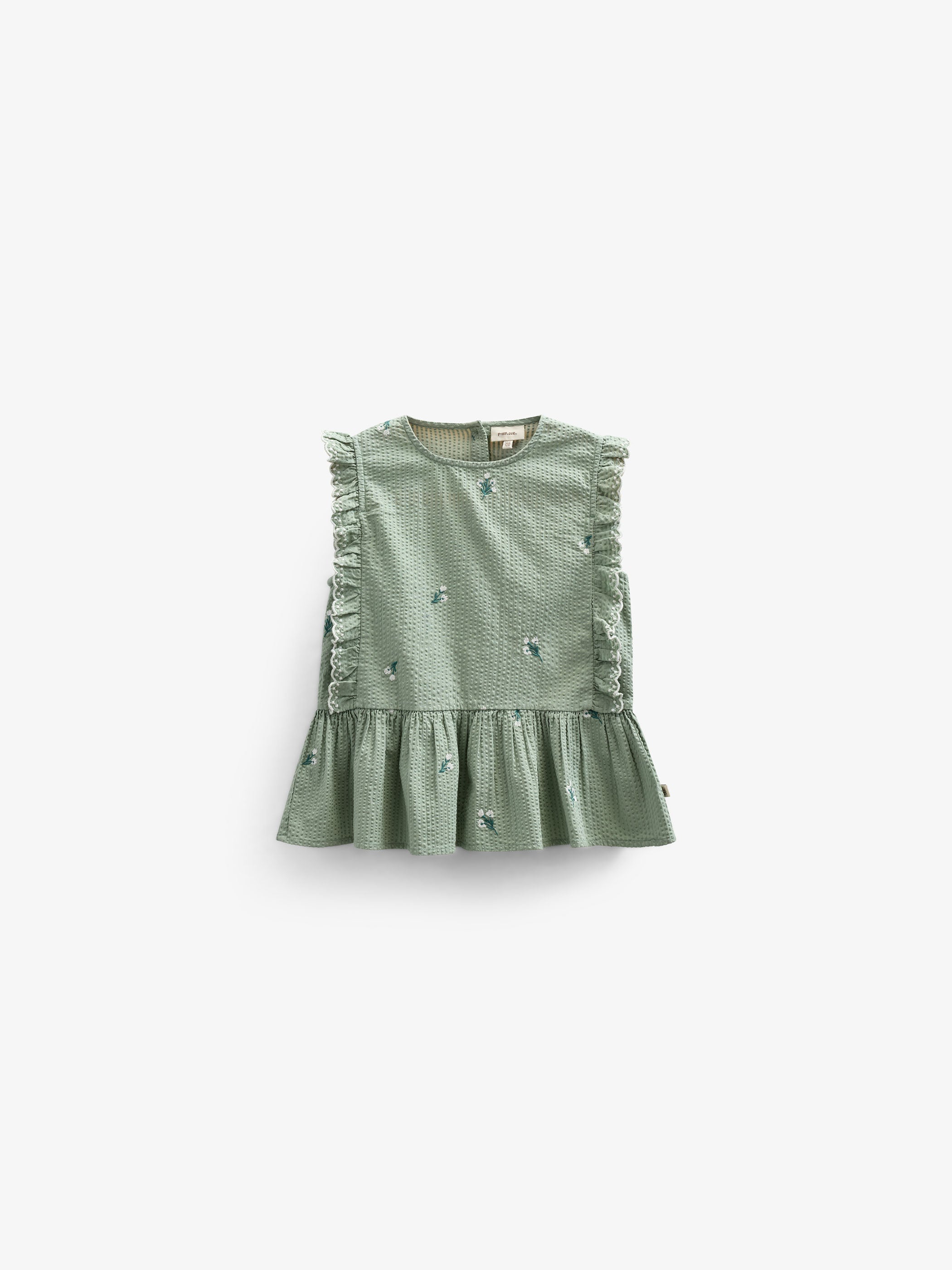 Geborduurde Seersucker Top - Kids - Dusty Green | 100980 Nora