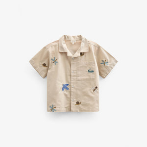 Geborduurd katoenen overhemd met korte mouwen - Tween - Light Beige | 101096 Erik