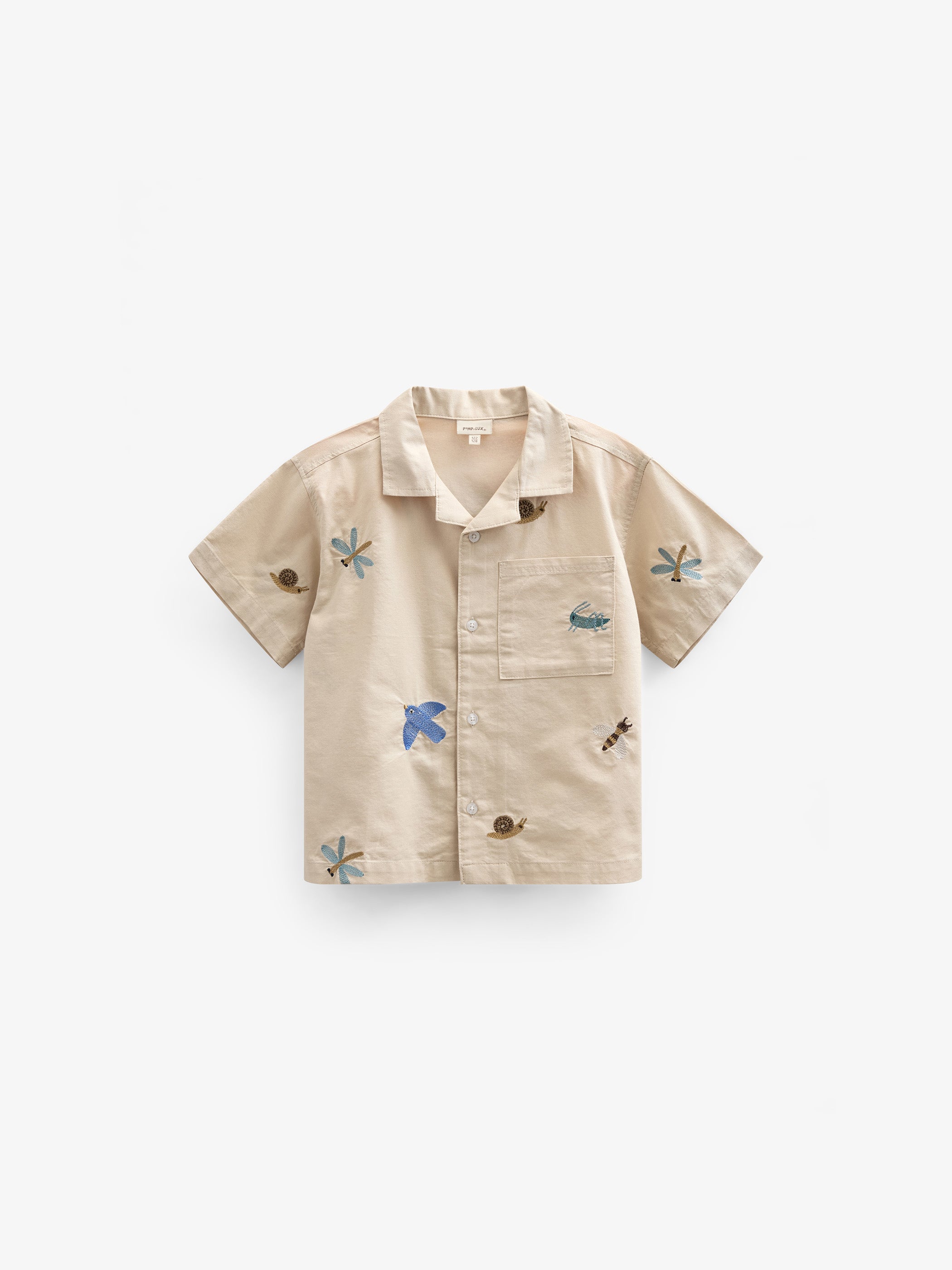 Geborduurd katoenen overhemd met korte mouwen - Tween - Light Beige | 101096 Erik