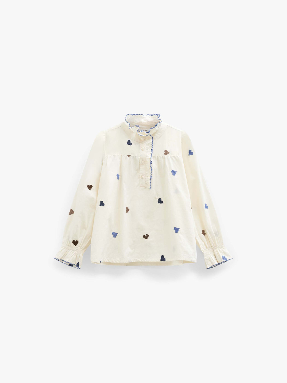 Katoenen blouse met hartborduursel Tween - Blue/Brown | 101456 Elina
