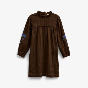 Double gauze jurk met kruissteekborduursel Tween - Brown | 101468 Laureen