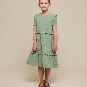 Geborduurde seersucker jurk - Tween - Dusty Green | 100977 Nora