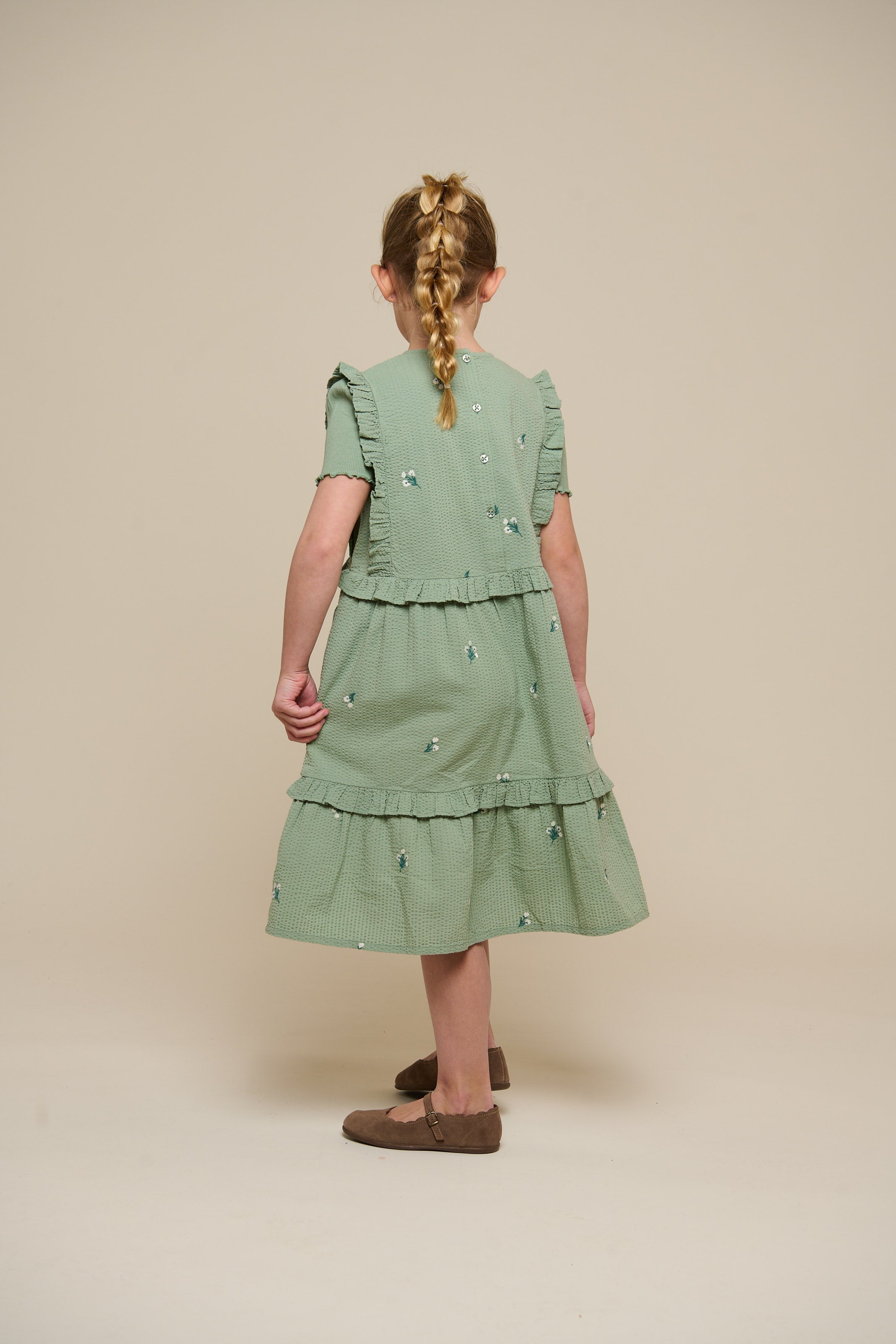 Geborduurde seersucker jurk - Tween - Dusty Green | 100977 Nora