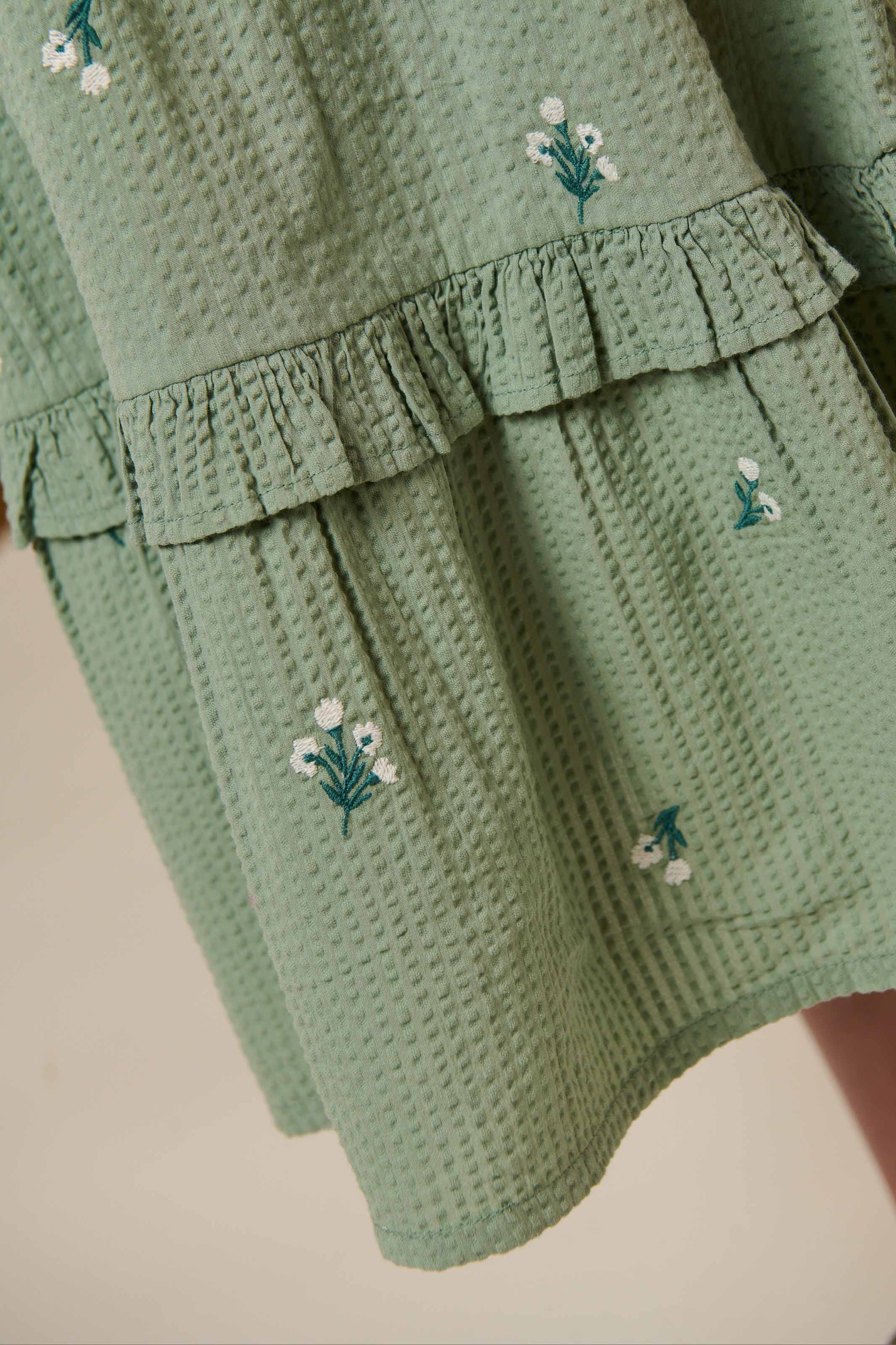 Geborduurde Seersucker Jurk - Kids - Dusty Green | 100976 Nora