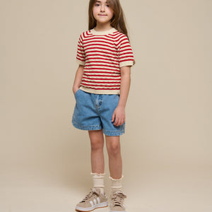 Gestreepte Korte Mouw Katoenen Breisel - Tween - Cherry Red Stripe | 101240 Martha