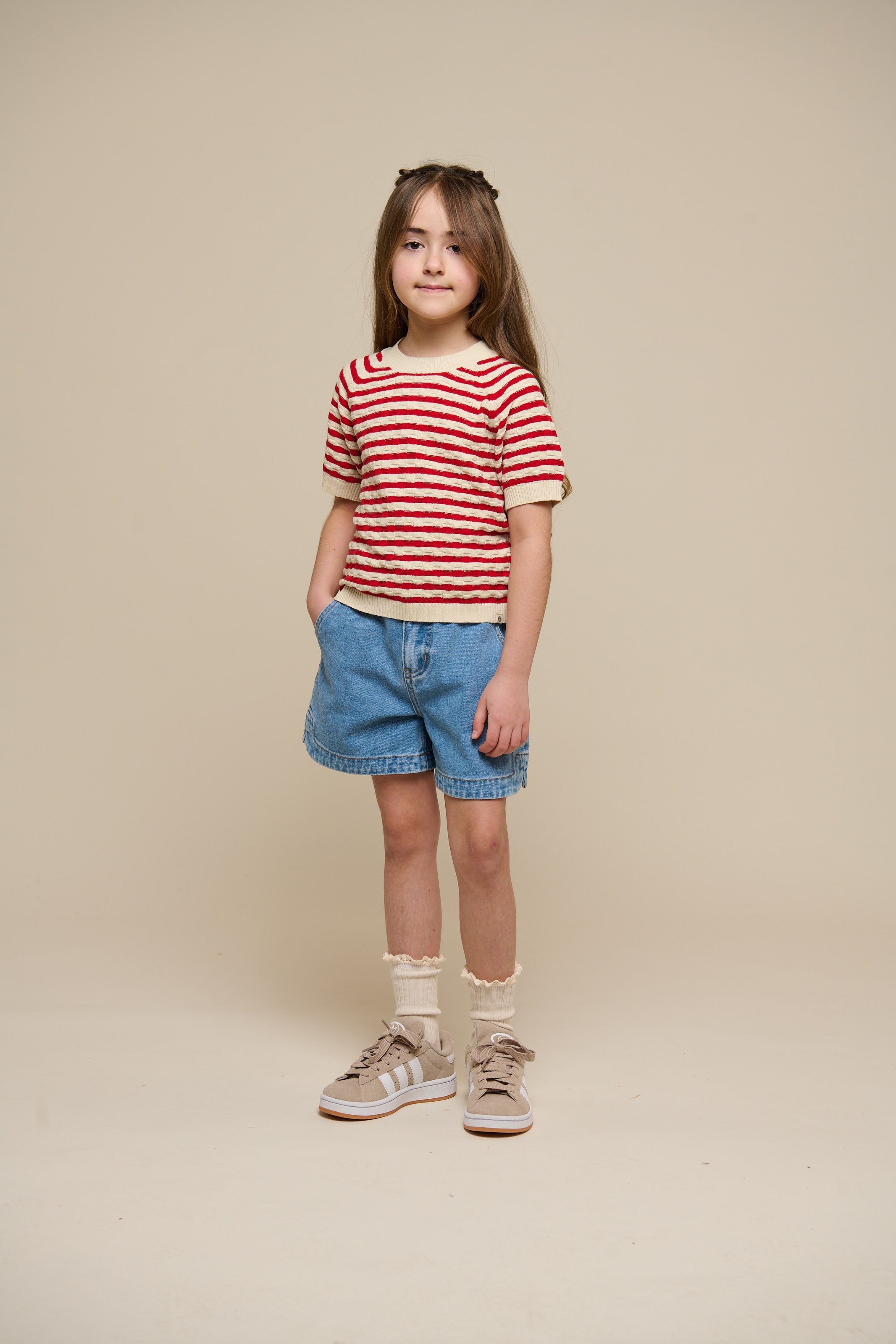 Gestreepte Korte Mouw Katoenen Breisel - Tween - Cherry Red Stripe | 101240 Martha
