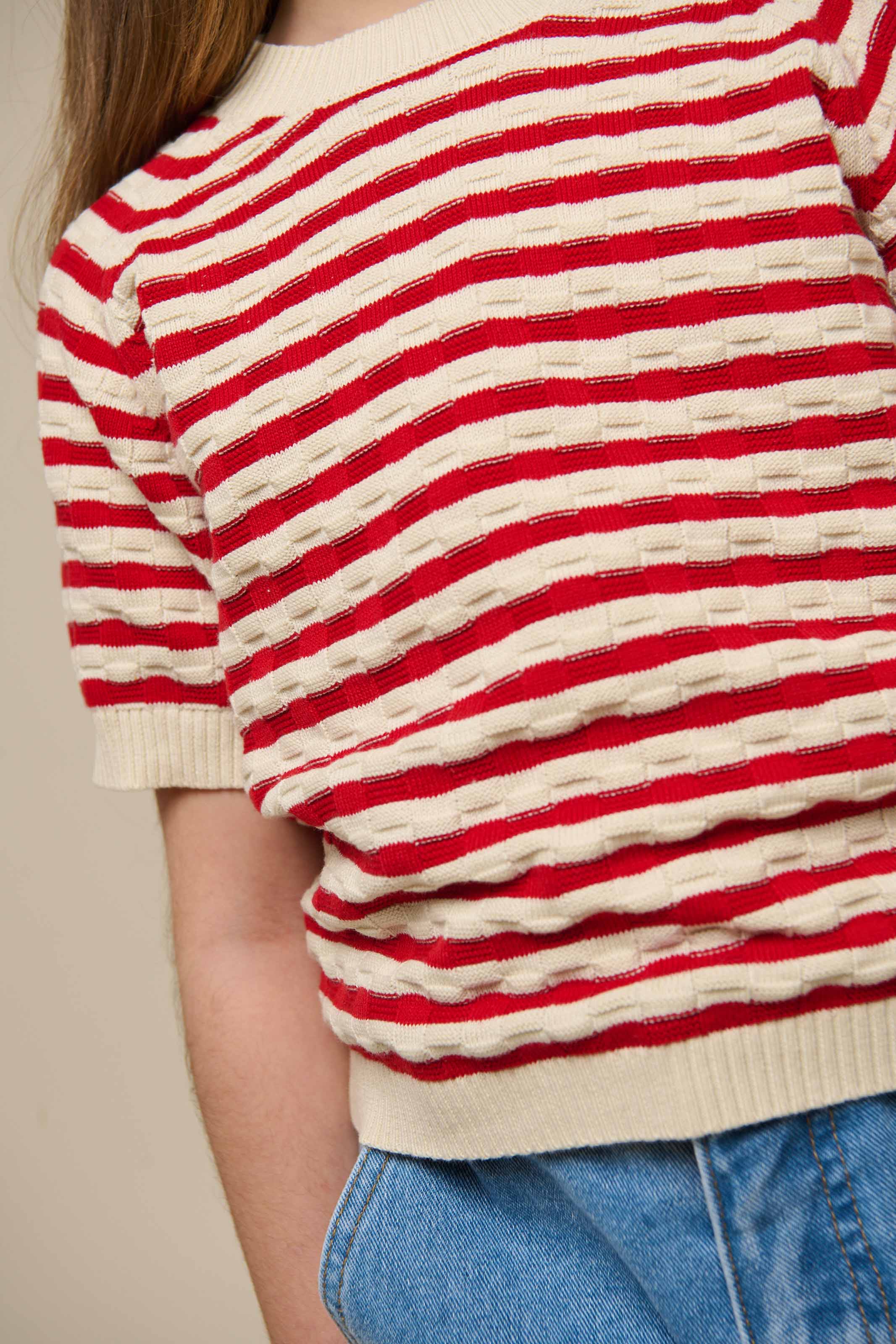 Gestreepte Korte Mouw Katoenen Breisel - Tween - Cherry Red Stripe | 101240 Martha