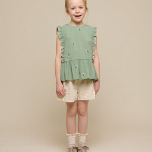 Geborduurde Seersucker Top - Tween - Dusty Green | 100981 Nora