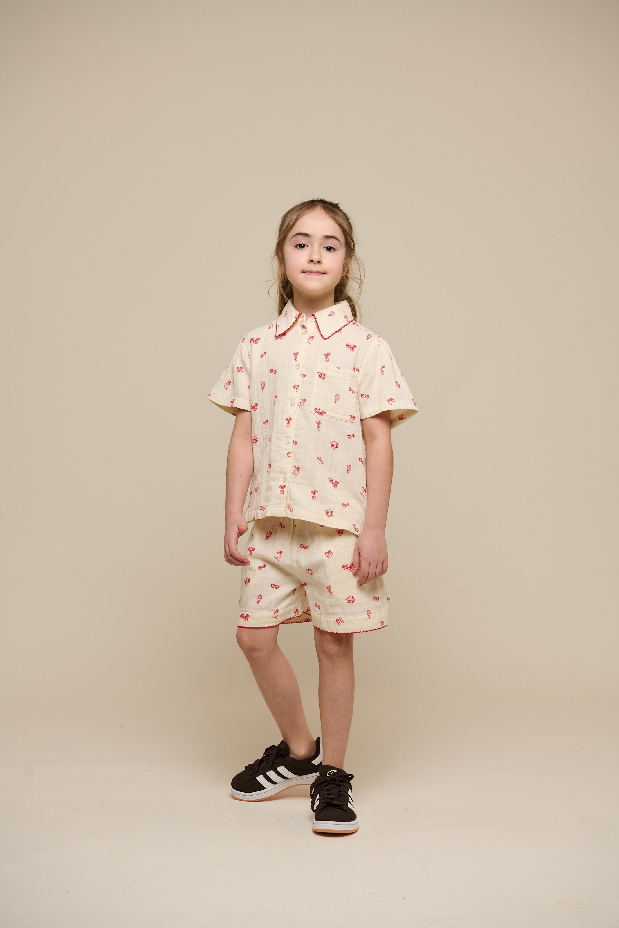 Bedrukte gaze shirt en korte broek set - Tween - Offwhite/Cherry Red | 100973 Fiona
