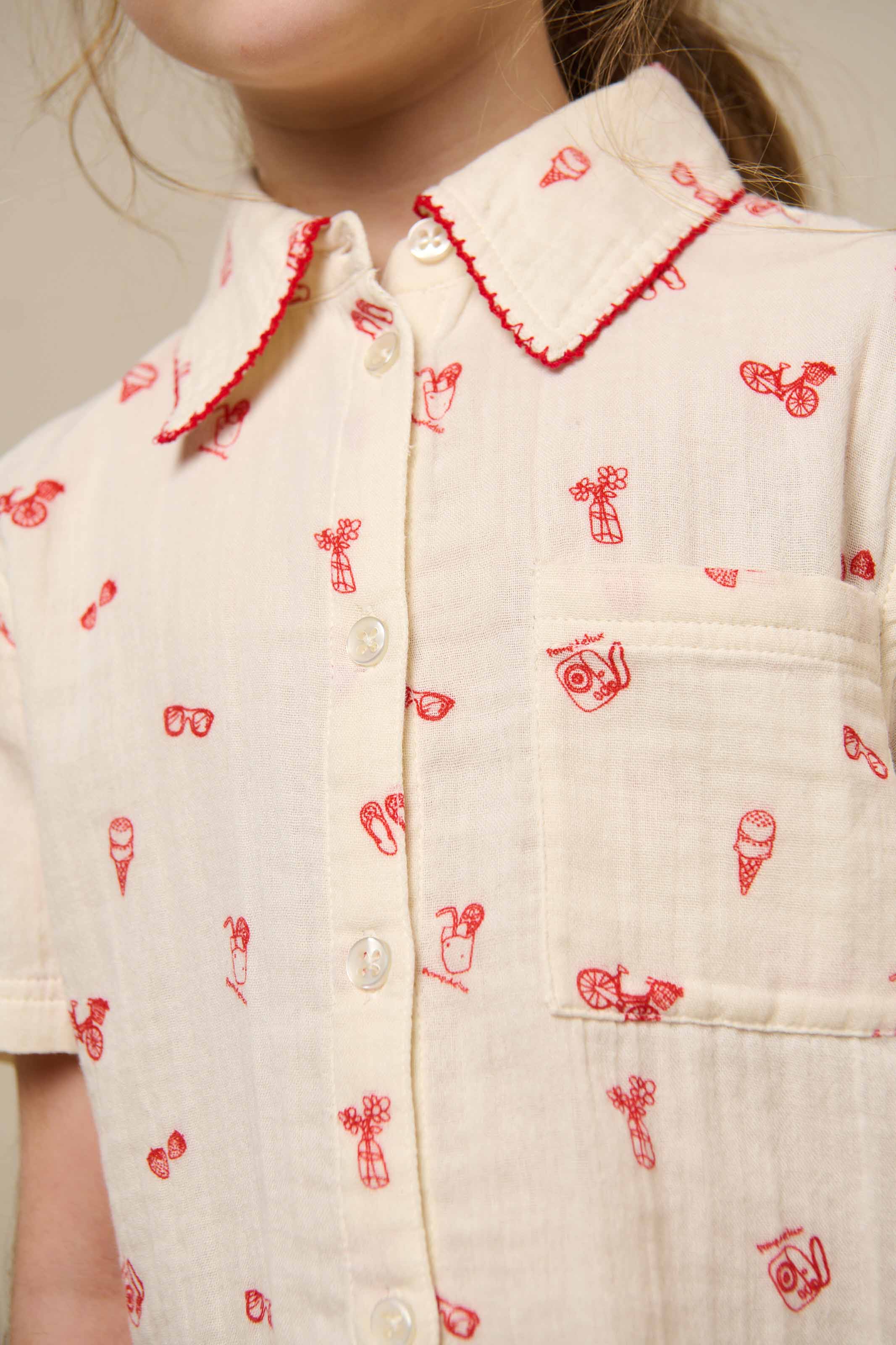 Bedrukte gaze shirt en korte broek set - Tween - Offwhite/Cherry Red | 100973 Fiona