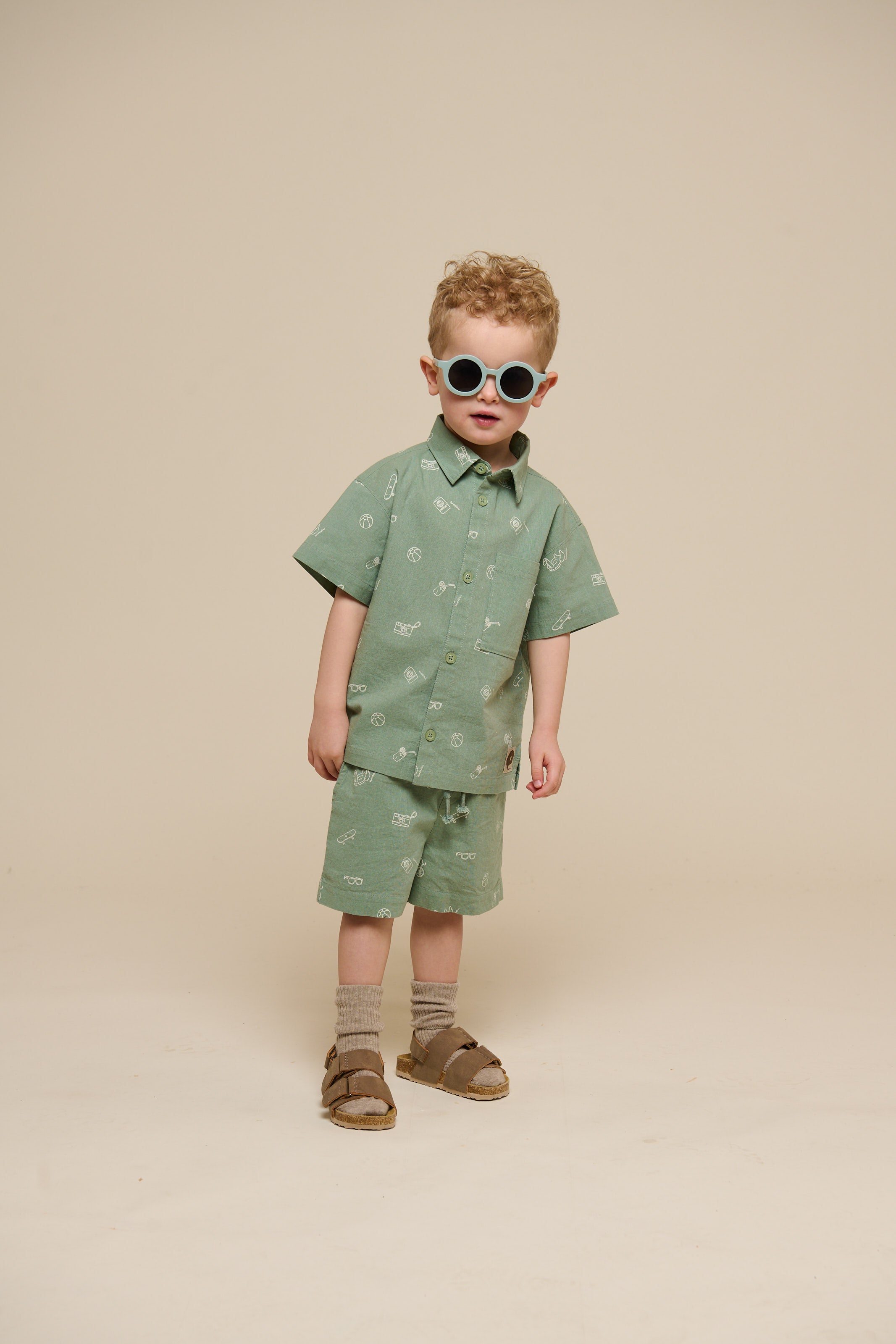 Bedrukt linnenmix overhemd - Kids - Dusty Green | 101165 William