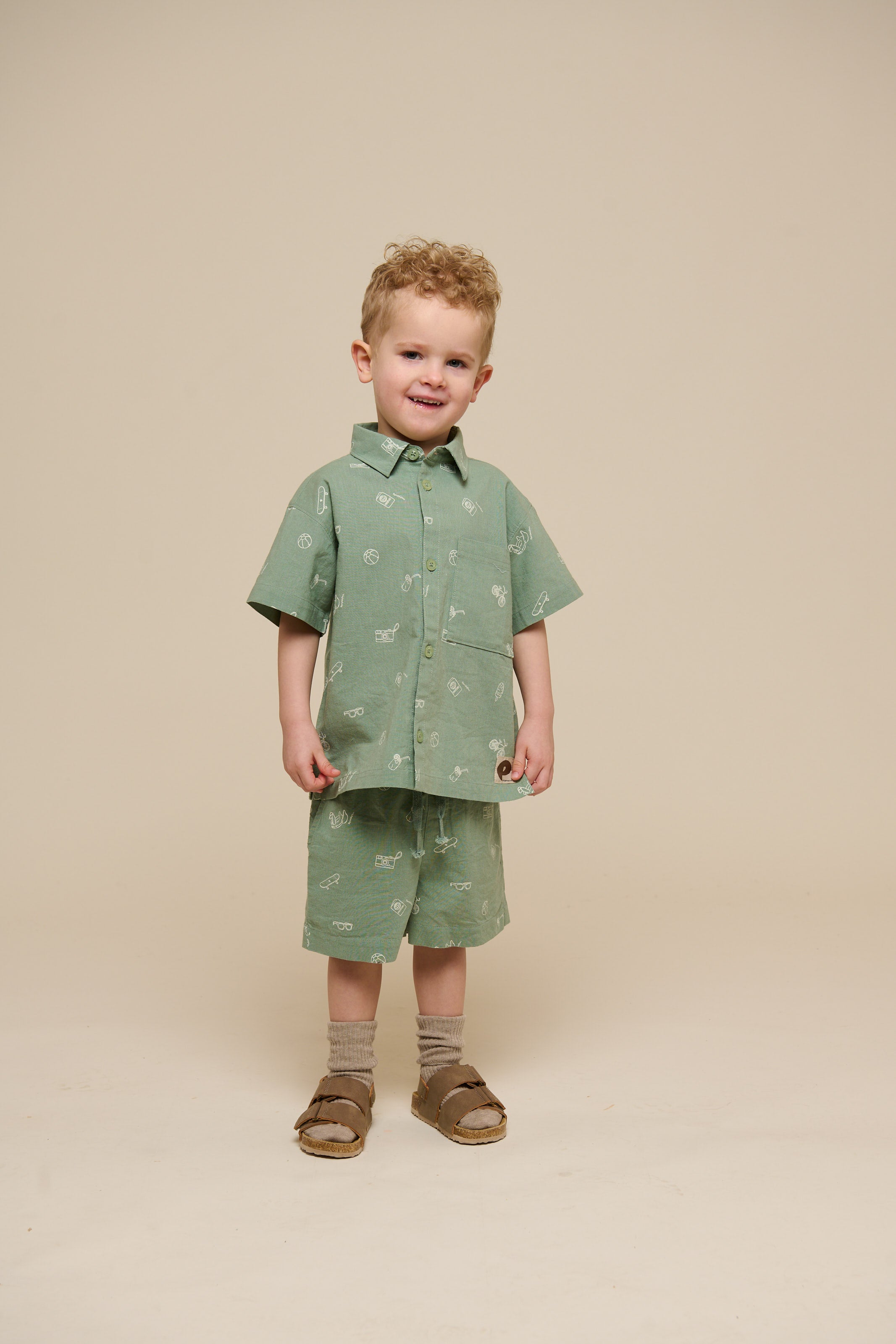 Bedrukt linnenmix overhemd - Kids - Dusty Green | 101165 William