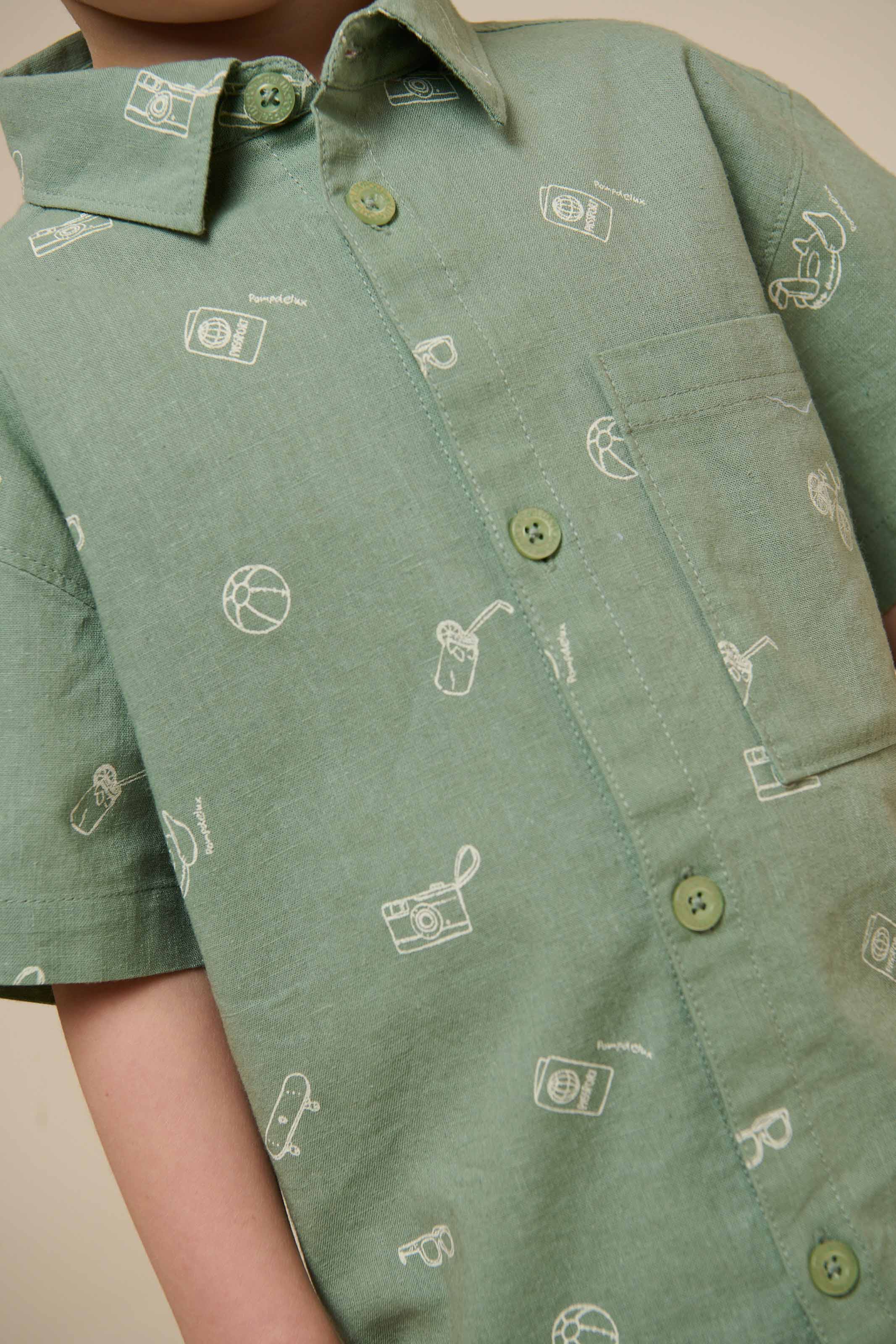 Bedrukt linnenmix overhemd - Kids - Dusty Green | 101165 William
