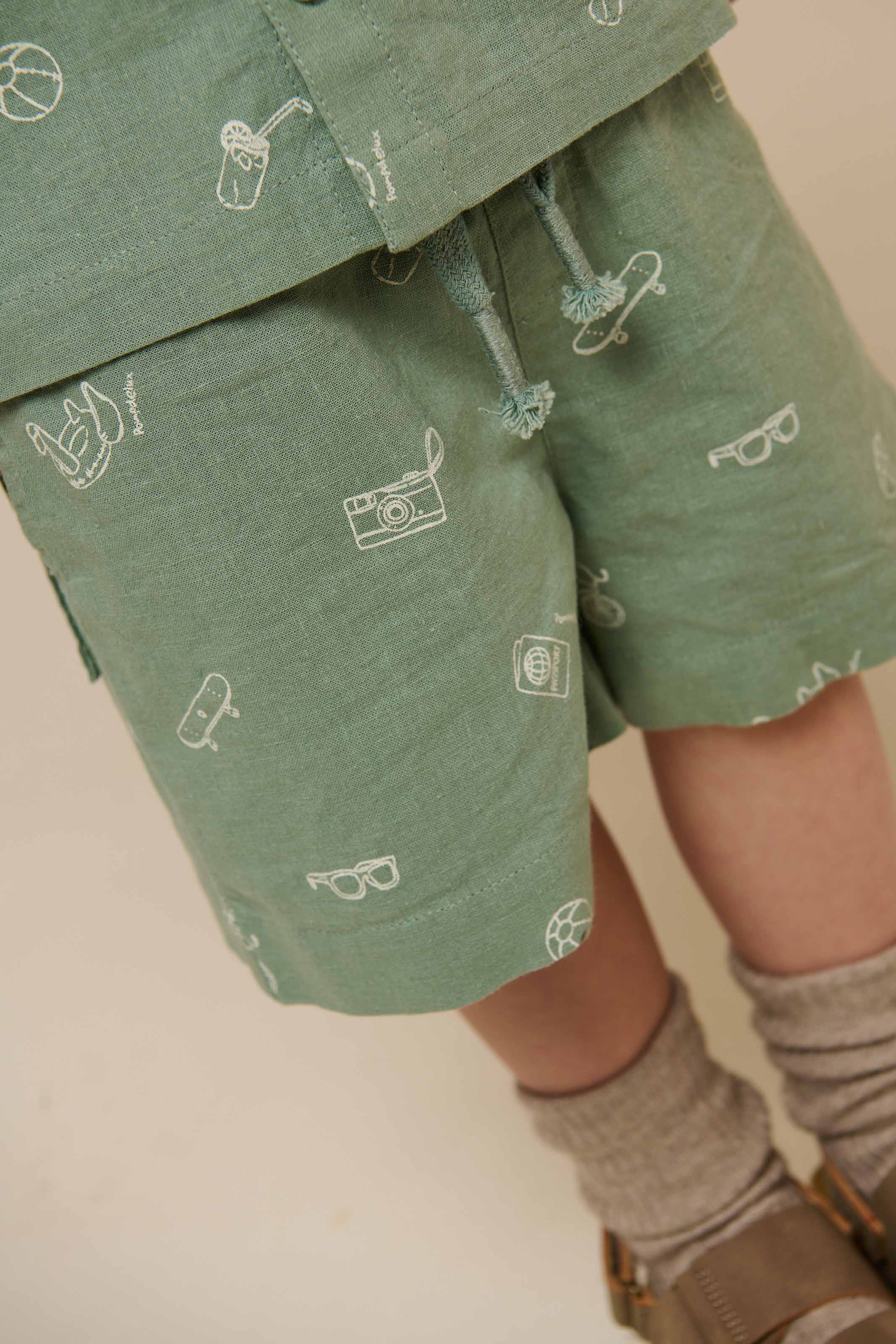 Bedrukt linnenmix overhemd - Kids - Dusty Green | 101165 William